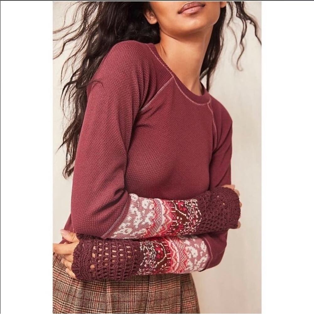 NEW Free People In The Mix Cuff Thermal Top in Rio Vino Womens XS